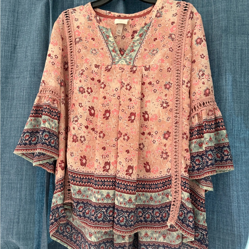 Knox Rose Pink and Red Asymmetrical Bell Sleeve Blouse